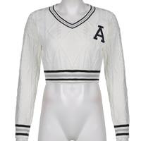 White Varsity V Neck Long Sleeve Crop Top Knit Pullover Sweater Jumper Autumn Aesthetic Casual E-Girl Kawaii Korean Japanese Harajuku - Thumbnail 5