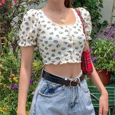 Sweet Floral Print Puff Bell Sleeve Short T-shirt Button Round Neck Crop Top Summer Aesthetic Casual E-Girl Kawaii Korean Japanese Harajuku