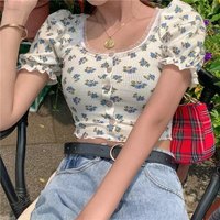 Sweet Floral Print Puff Bell Sleeve Short T-shirt Button Round Neck Crop Top Summer Aesthetic Casual E-Girl Kawaii Korean Japanese Harajuku - Thumbnail 1