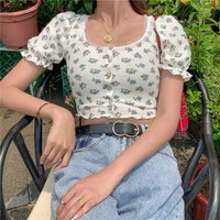Sweet Floral Print Puff Bell Sleeve Short T-shirt Button Round Neck Crop Top Summer Aesthetic Casual E-Girl Kawaii Korean Japanese Harajuku - Thumbnail 2