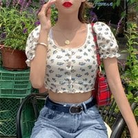 Sweet Floral Print Puff Bell Sleeve Short T-shirt Button Round Neck Crop Top Summer Aesthetic Casual E-Girl Kawaii Korean Japanese Harajuku - Thumbnail 3