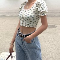 Sweet Floral Print Puff Bell Sleeve Short T-shirt Button Round Neck Crop Top Summer Aesthetic Casual E-Girl Kawaii Korean Japanese Harajuku - Thumbnail 4