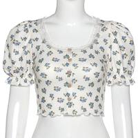 Sweet Floral Print Puff Bell Sleeve Short T-shirt Button Round Neck Crop Top Summer Aesthetic Casual E-Girl Kawaii Korean Japanese Harajuku - Thumbnail 6