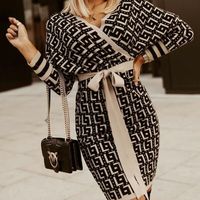 Design Print V-Neck Long Sleeve Dress - Thumbnail 1