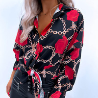 Elegant Long Sleeve Red Rose Pattern Shirt - Thumbnail 1