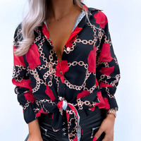 Elegant Long Sleeve Red Rose Pattern Shirt - Thumbnail 2