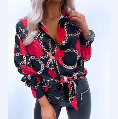 Elegant Long Sleeve Red Rose Pattern Shirt