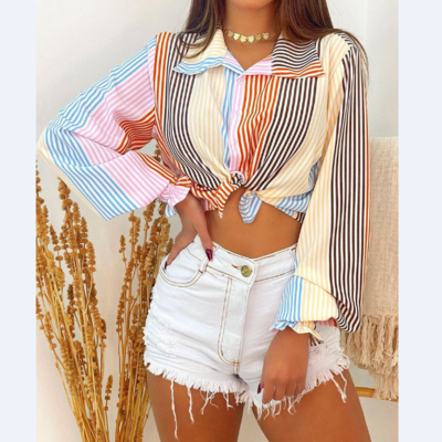 Striped women's long sleeve cardigan shirt