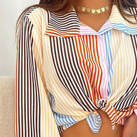 Striped Women's Long Sleeve Cardigan Shirt - Thumbnail 1