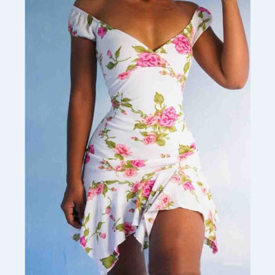 V-neck women's white sleeveless print dress