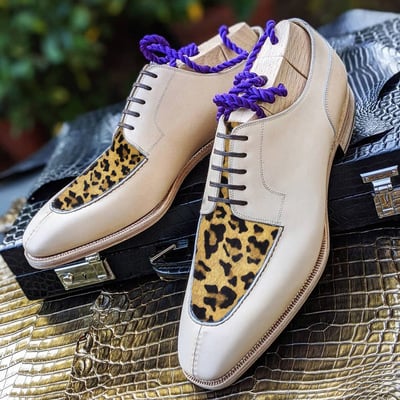 Handmade men's off white black leopard haire skin  shoes, men's lace up leather shoes - Thumbnail 2