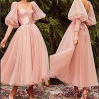 Princess A-Line Sweetheart Backless Pink Tulle Ankle length Prom Dresses,880 - Thumbnail 2