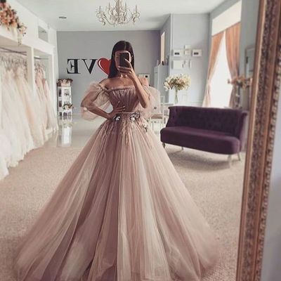Charming ball gown off the shoulder long sleeves coffee wedding dresses,882 - Thumbnail 2