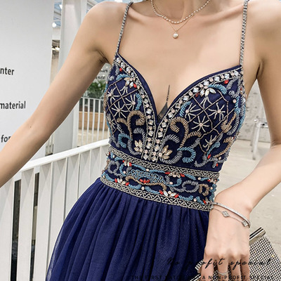 Blue v-neck tulle beads long prom dress evening dress - Thumbnail 2