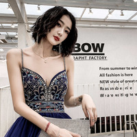 Blue V-neck tulle beads long prom dress evening dress - Thumbnail 2