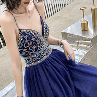 Blue V-neck tulle beads long prom dress evening dress - Thumbnail 3