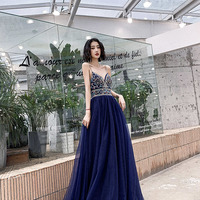 Blue V-neck tulle beads long prom dress evening dress - Thumbnail 4