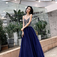Blue V-neck tulle beads long prom dress evening dress - Thumbnail 5