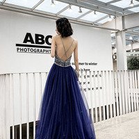 Blue V-neck tulle beads long prom dress evening dress - Thumbnail 6