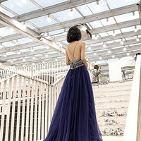 Blue V-neck tulle beads long prom dress evening dress - Thumbnail 7