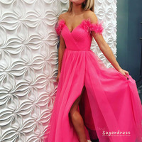 Off the Shoulder Hot Pink Prom Dress with Feather,881 - Thumbnail 1