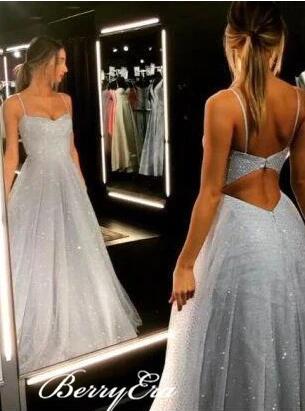 Grey Glitter Long A-line Prom Dresses, Formal Dresses,1445