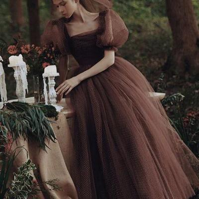 Square neckline bubble sleeves prom dresses, newest prom dresses, a-line prom dresses, 2022 prom dresses,1446