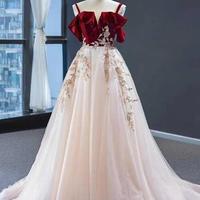 Elegant Straps Tulle with Velvet Red Long Prom Formal Dress,1447 - Thumbnail 1