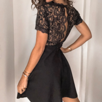 Round Neck Women's Sexy Short Sleeve Lace Princess Dress - Thumbnail 2