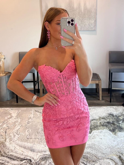 Cute Bodycon Sweetheart Hot Pink Short Homecoming Dresses with Lace