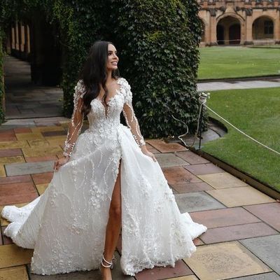 Luxurious ball gown v neck long sleeves lace wedding dresses
