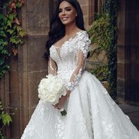 Luxurious Ball Gown V Neck Long Sleeves Lace Wedding Dresses - Thumbnail 1