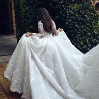 Luxurious Ball Gown V Neck Long Sleeves Lace Wedding Dresses - Thumbnail 3