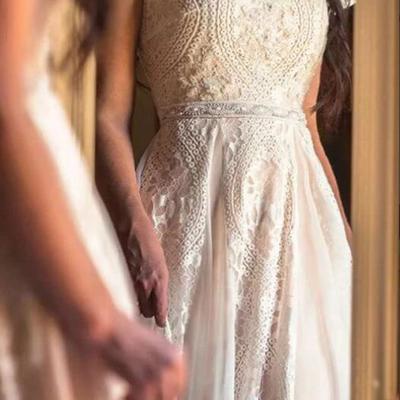 Modest beach wedding dresses, lace chiffon boho bridal gown,1448 - Thumbnail 3