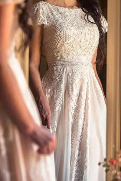 Modest Beach Wedding Dresses, Lace Chiffon Boho Bridal Gown,1448