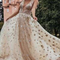 V-neck Tulle A-line Champagne Color Star Gown, Wedding Dresses, Long Prom Dresses, 2022 Prom Dresses,1451 - Thumbnail 1
