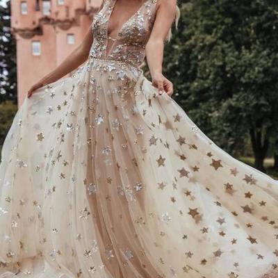 V-neck tulle a-line champagne color star gown, wedding dresses, long prom dresses, 2022 prom dresses,1451