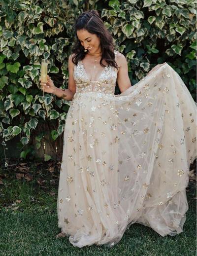 V-neck Tulle A-line Champagne Color Star Gown, Wedding Dresses, Long Prom Dresses, 2022 Prom Dresses,1451