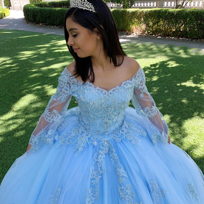 Sky blue quinceanera dresses with long sleeves,ball gowns prom dress,lace applique prom dresses 2022，1442