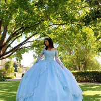 Sky blue quinceanera dresses with Long Sleeves,Ball gowns Prom Dress,Lace Applique Prom dresses 2022，1442 - Thumbnail 2