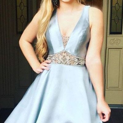 Sp2195,cute light blue beaded a-line homecoming dresses satin criss back graduation dress