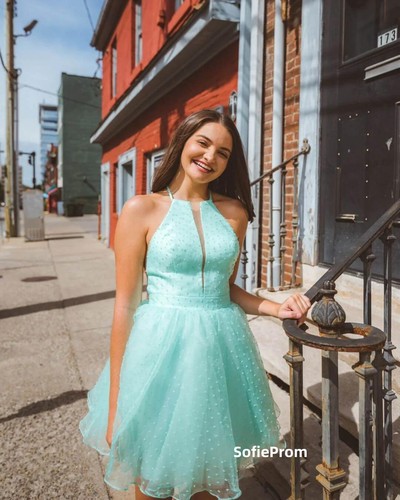 SP2194,Mint Green Dotted Homecoming Dresses Halter Party Dress A-Line Prom Dresses