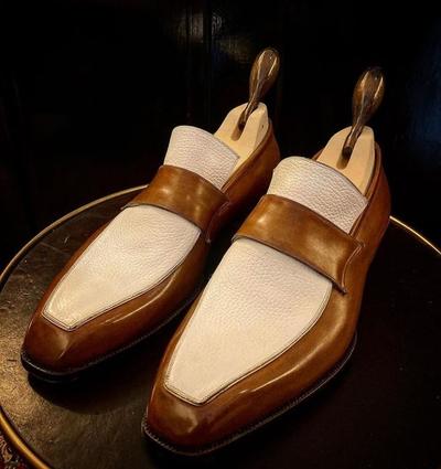 Customise Hand Stitch White Brown Moccasin Genuine Leather Party Wear Shoes