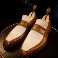 Customise Hand Stitch White Brown Moccasin Genuine Leather Party Wear Shoes - Thumbnail 1