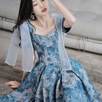 Blue Printed Short Prom Dress Homeconing Dress - Thumbnail 1