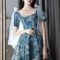 Blue Printed Short Prom Dress Homeconing Dress - Thumbnail 2
