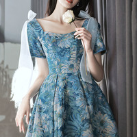 Blue Printed Short Prom Dress Homeconing Dress - Thumbnail 3
