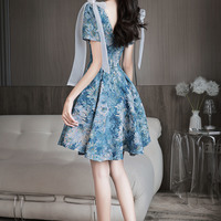 Blue Printed Short Prom Dress Homeconing Dress - Thumbnail 4