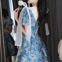 Blue Printed Short Prom Dress Homeconing Dress - Thumbnail 5