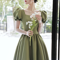 Green satin short prom dress A-line homecoming dress - Thumbnail 1